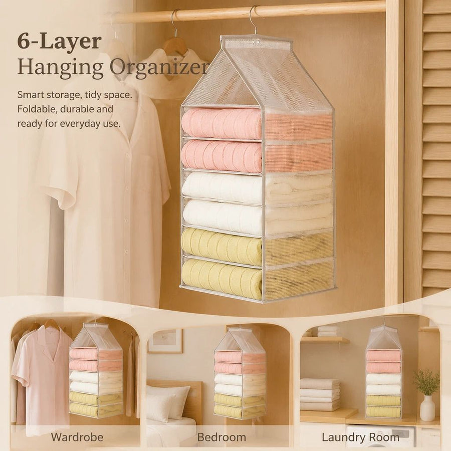 Large PVC Hanging Wardrobe Storage Organiser, 6 Compartment Garment Divider, Vertical Clothes Trousers Storage Pouch, Dusk Grey
