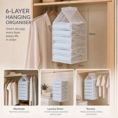 Oversize PVC Wall Hanging Clothes Caddy, 6 Slot Layered Wardrobe Organiser For Pants & Tops, Snow White
