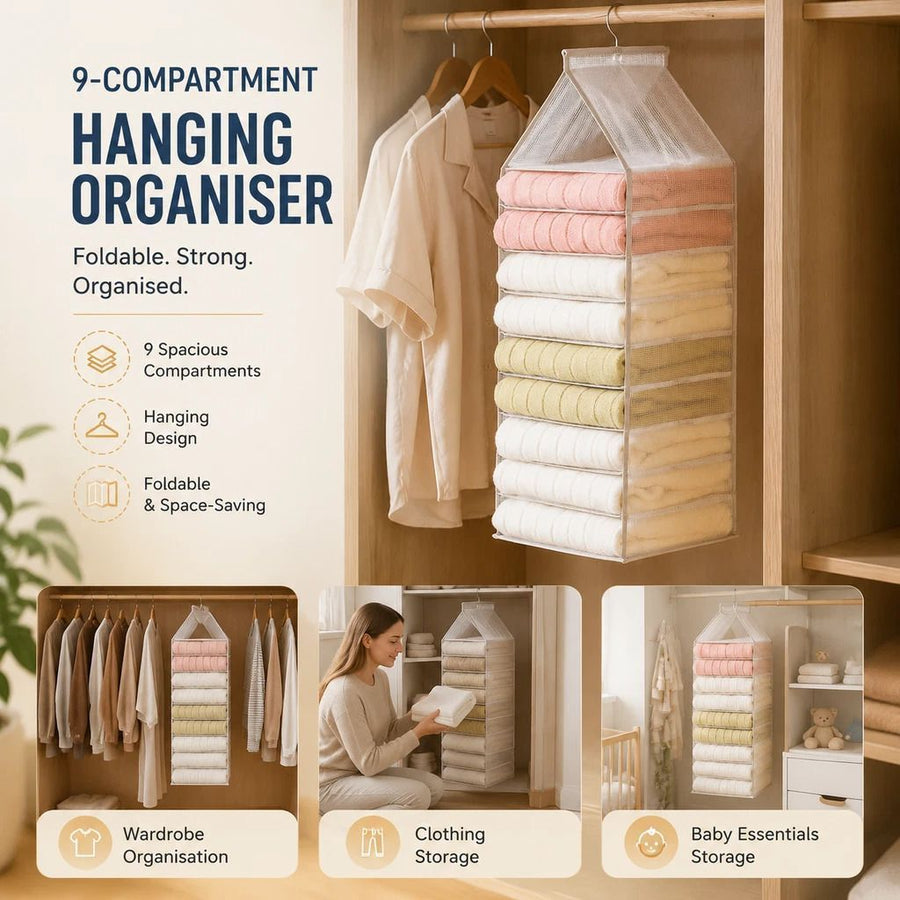 Extra Large PVC Hanging Wardrobe Storage Caddy, 9 Compartment Layered Trousers & Clothes Divider, Dusk Grey