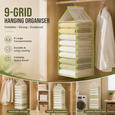 Large Layered PVC Hanging Clothes Pouch, 9 Compartment Wardrobe Divider For Pants, Forest Green