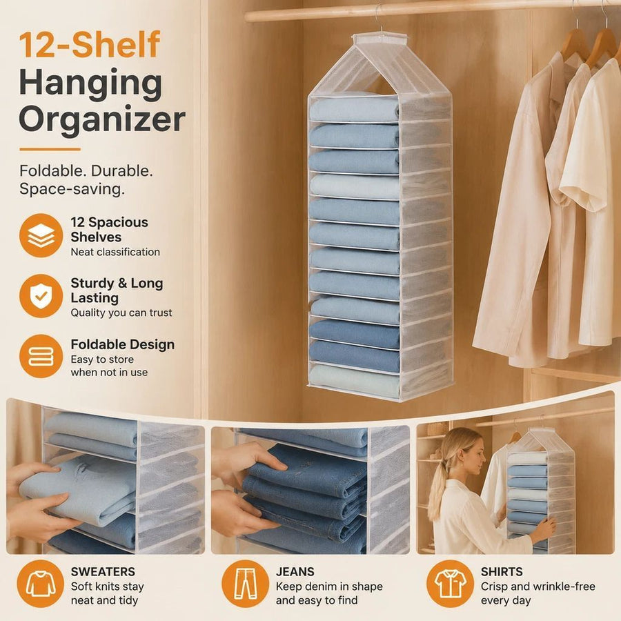 Oversize Vertical PVC Wardrobe Storage Organiser, 12 Slot Garment & Trousers Separator, Dusk Grey
