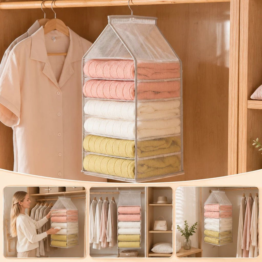 Spacious PVC Vertical Wardrobe Hanging Organiser, 6 compartment split storage for trousers & garments, space-saving Dusk Grey