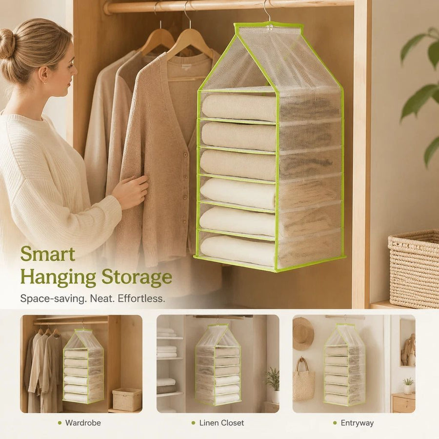 Heavy-duty PVC Wall Mount Garment Storage Pouch, 6 divided slots to separate bottoms & tops, fresh Forest Green