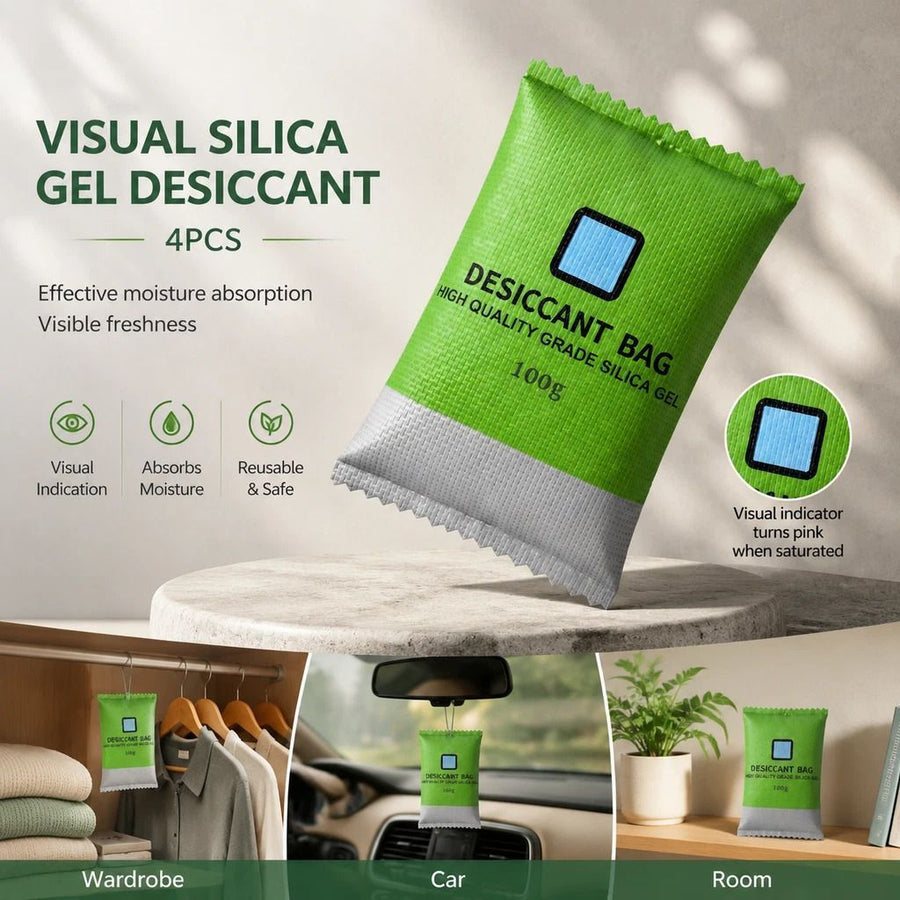 4 Pack Visual Humidity Green Silica Gel Desiccant, Colour Changing Regular 100g Dehumidifying Beads