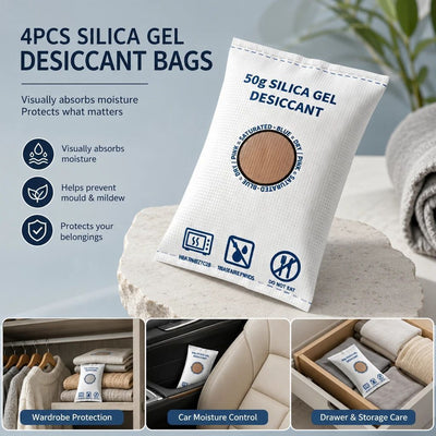 Cobalt Free White Flat Top Silica Gel Packs, Odourless Moisture Removing Sachets, 50g Four Pack