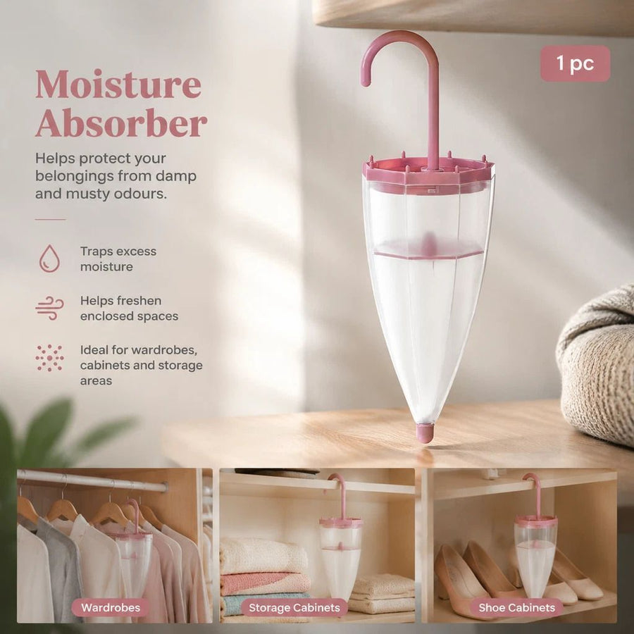 Aroma Infused Hanging Humidity Control Container, Create Refreshing Closet Vibe, Mini Mould & Odour Eliminator, Umbrella Shape, Pink