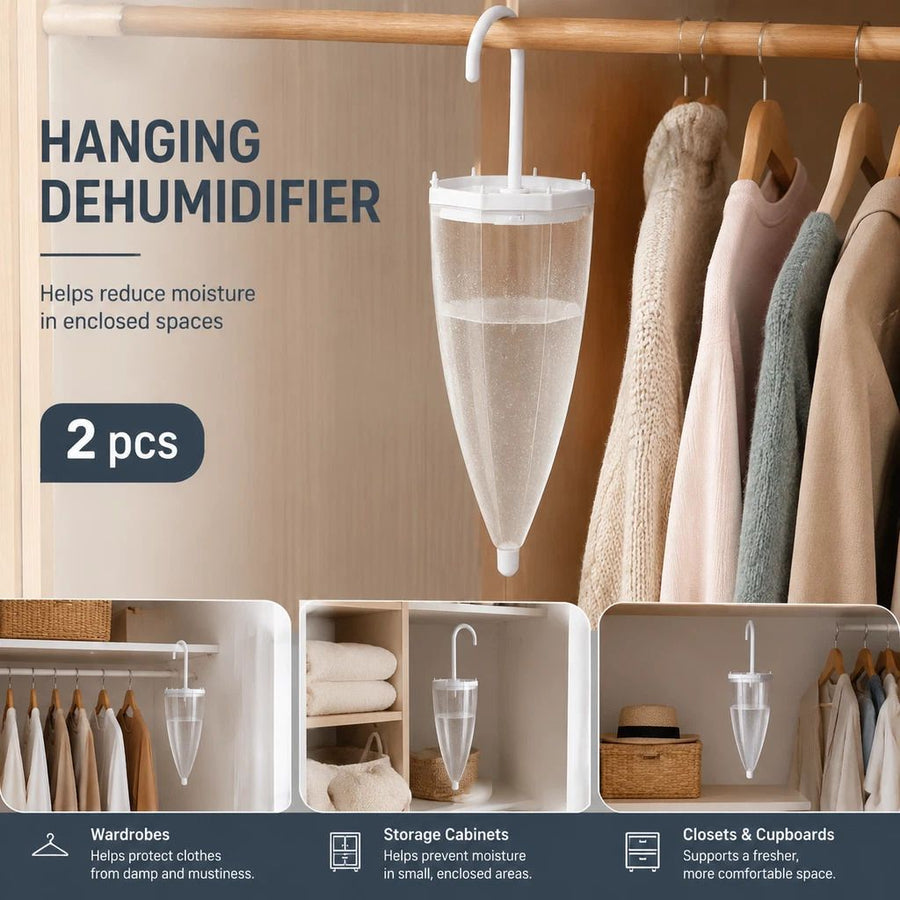 2 Pack White Umbrella Hanging Dehumidifier Boxes, Dual Freshness For Large Wardrobes, Scented Pad To Eliminate Musty Damp Clothing Odours