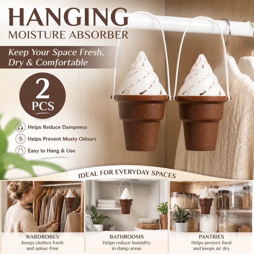 2 Pack Ice Cream Shaped Suspended Moisture Absorbers, Cute Decor + Dehumidifying Function, Bring Cheerful Vibe To Dull Damp Wardrobes