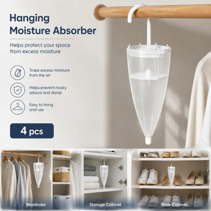 4 Pack White Umbrella Hanging Wardrobe Dehumidifiers, Whole Wardrobe Freshness Bundle, Scented Pad Stops Mould And Stale Clothing Smells