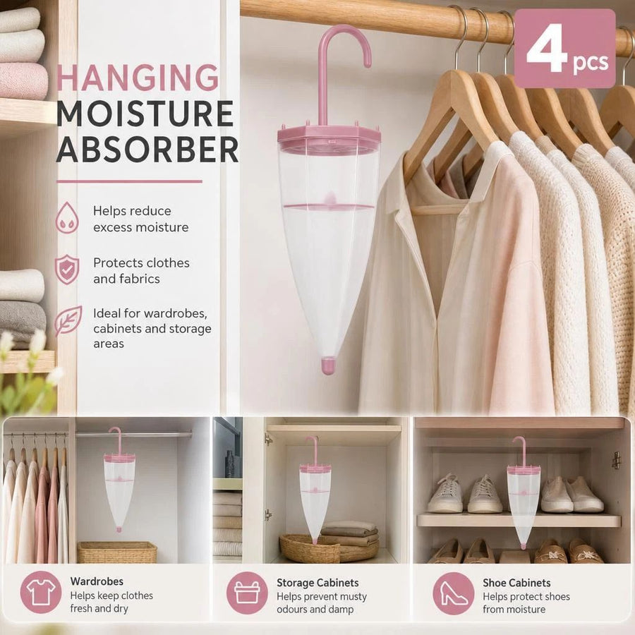 Four Pack Pink Umbrella Hanging Anti-Humidity Caddies, Multi-Zone Closet Makeover, Lovely Scent Eliminates All Damp Musty Odours