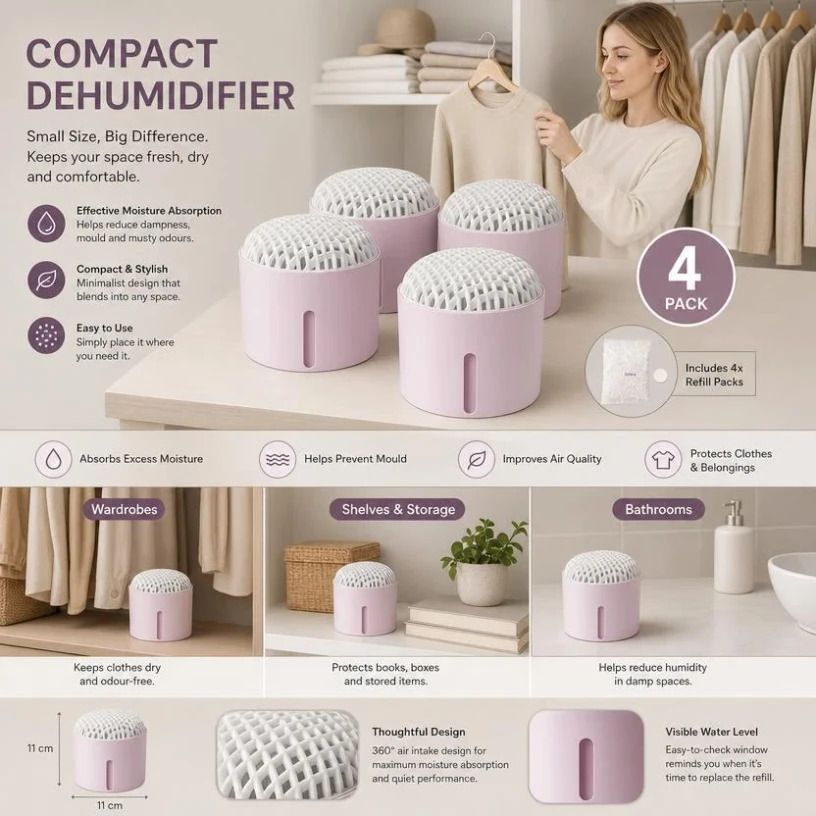 Quad Pack Purple Tabletop Anti-Humidity Containers, Multi-Cabinet Office & Bedroom Solution, Complete Desiccant & Fragrance Sheet Each