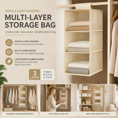 Cotton Linen Hanging Wardrobe Organiser, 3 Tier, Beige, Neat Garment Storage