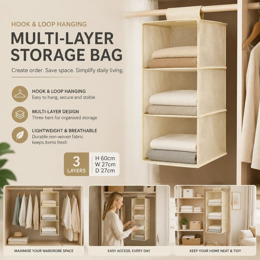 Cotton Linen Hanging Wardrobe Organiser, 3 Tier, Beige, Neat Garment Storage