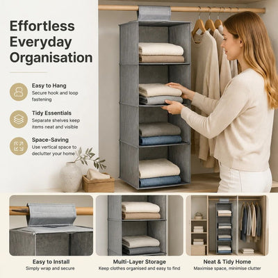 Cotton Linen Layered Hanging Clothes Bag, 4 Tier, Grey, Maximize Closet Space