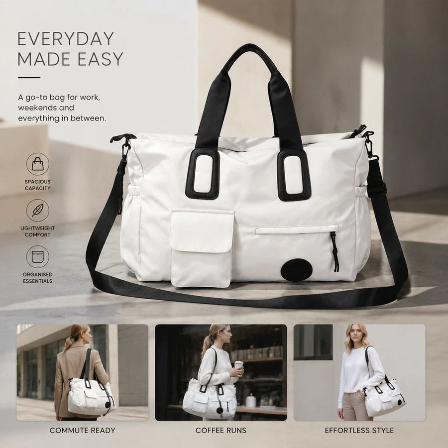 Spacious Lightweight Overnight Carry Bag, Workout & Casual Shoulder Hand Bag, White