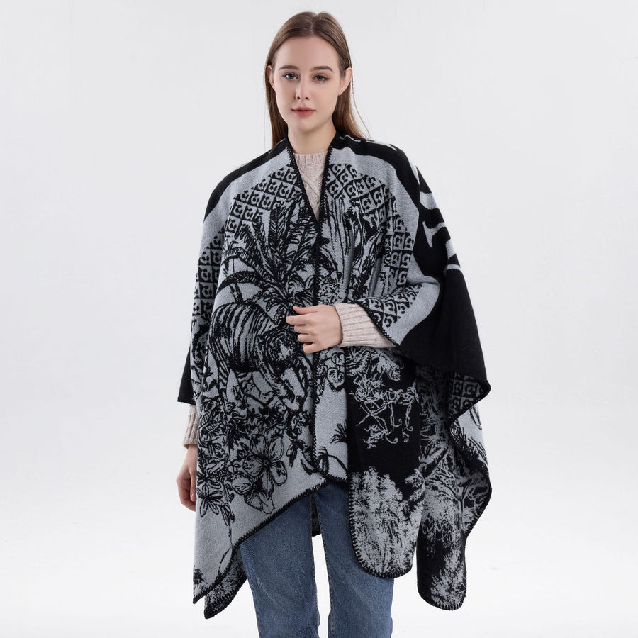 Fashion Style Cosy Knit Outfit Cape, Crafted With Faux Cashmere, Solid Black Shade