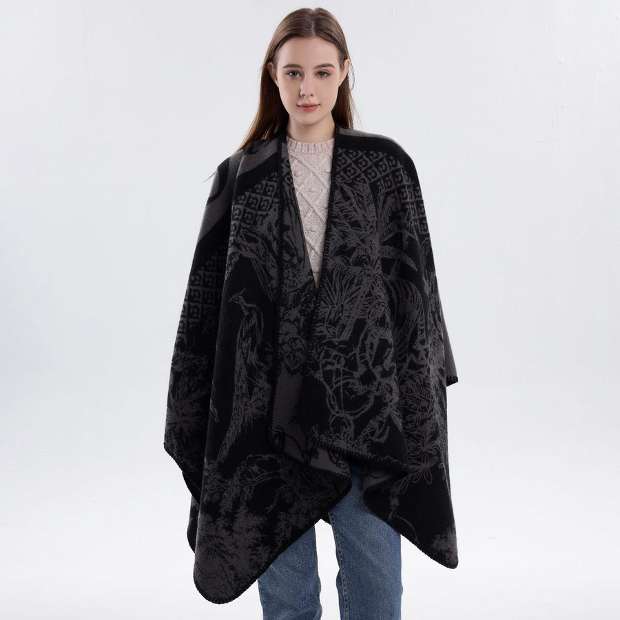 Trend Fashion Faux Cashmere Knit Wrap, Versatile Matching Shawl In Black Grey Tone