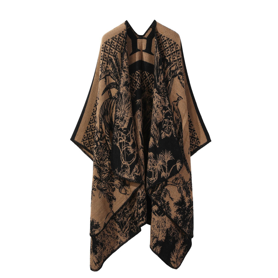 Fashion Series Warm Knitted Poncho, Premium Faux Cashmere Fabric, Classic Warm Brown