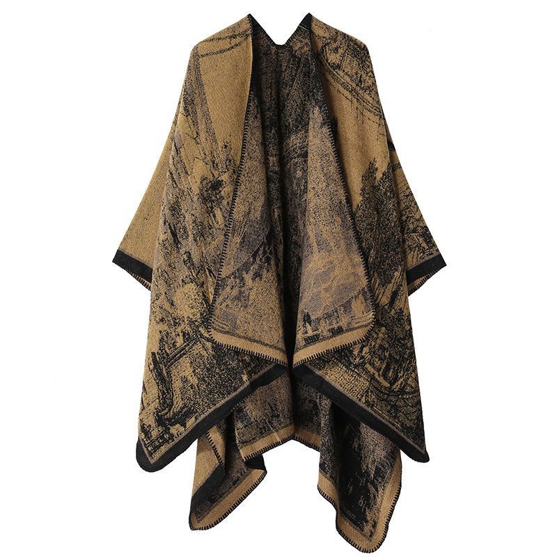 All-match Faux Cashmere Knit Cape, Elegant Realistic Landscape Print, Tan Yellow Base