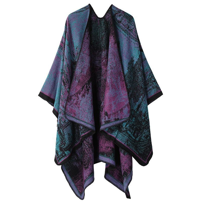 Elegant Faux Cashmere Knit Wrap, Delicate Realistic Landscape Pattern, Purple Cyan