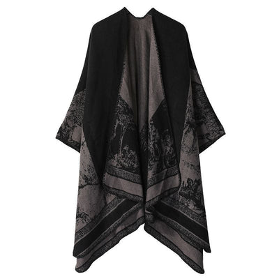 Relaxed Fit Faux Cashmere Outfit Shawl, Cute Forest Deer Motif, Muted Black Grey
