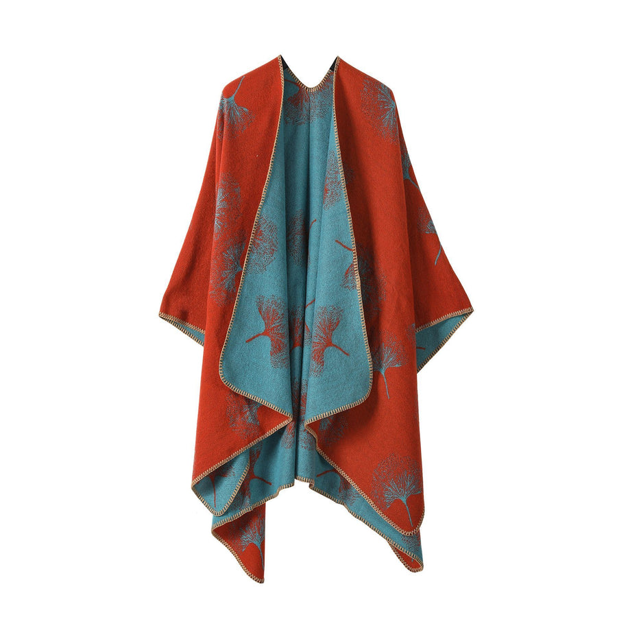 Soft Outer Faux Cashmere Shawl, Mixed Ginkgo Leaf Print, Special Orange Blue Blend