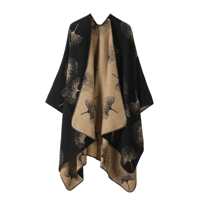 Minimalist Knit Cape Poncho, Simple Ginkgo Leaf Graphic, Sleek Solid Black