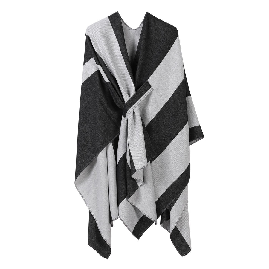 Lightweight Layering Cape, Clean Vertical Contrast Stripe Detail, Black White