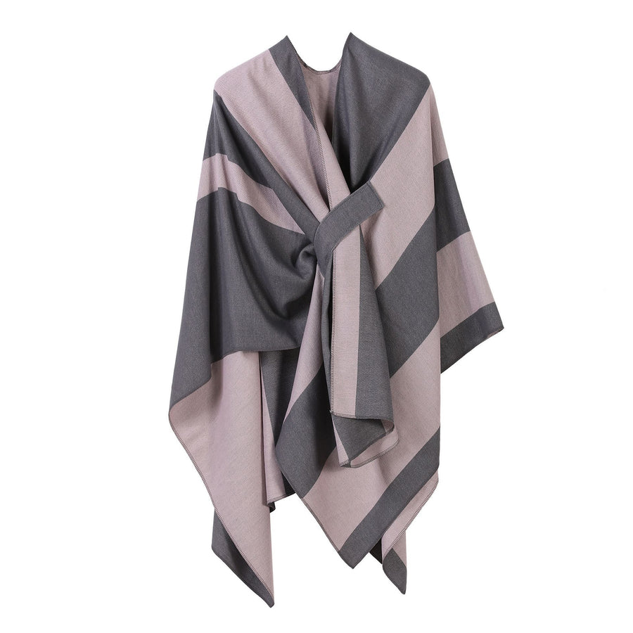 Sweet Style Knitted Shawl, Thin Vertical Striped Trim Accent, Soft Grey Pink