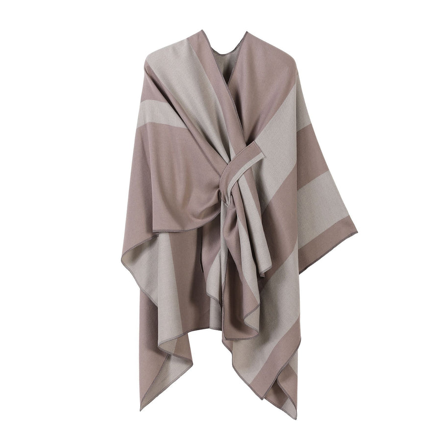Gentle Daily Faux Cashmere Poncho, Slim Vertical Striped Edge Decor, Dusty Pink