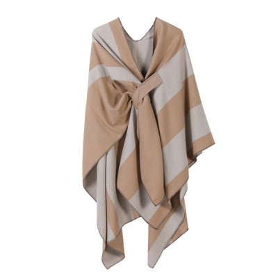 Multi-scene Knit Cape, Classic Vertical Contrast Striped Trim, Khaki
