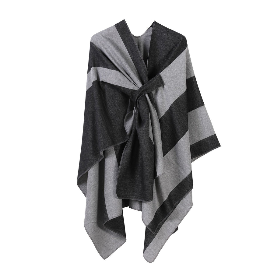 Daily Matching Faux Cashmere Wrap, Soft Vertical Striped Detail, Black Grey