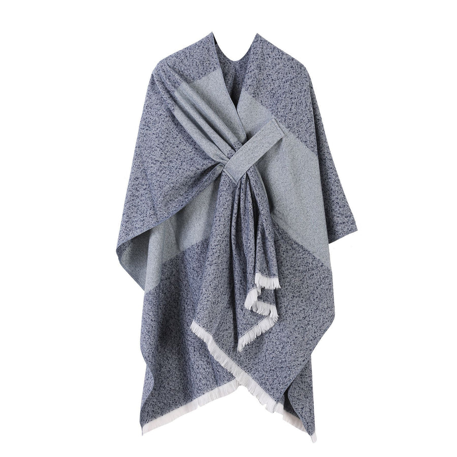 Fresh Styling Faux Cashmere Poncho, Clear Striped Trim Tie Dye Motif, Soft Blue