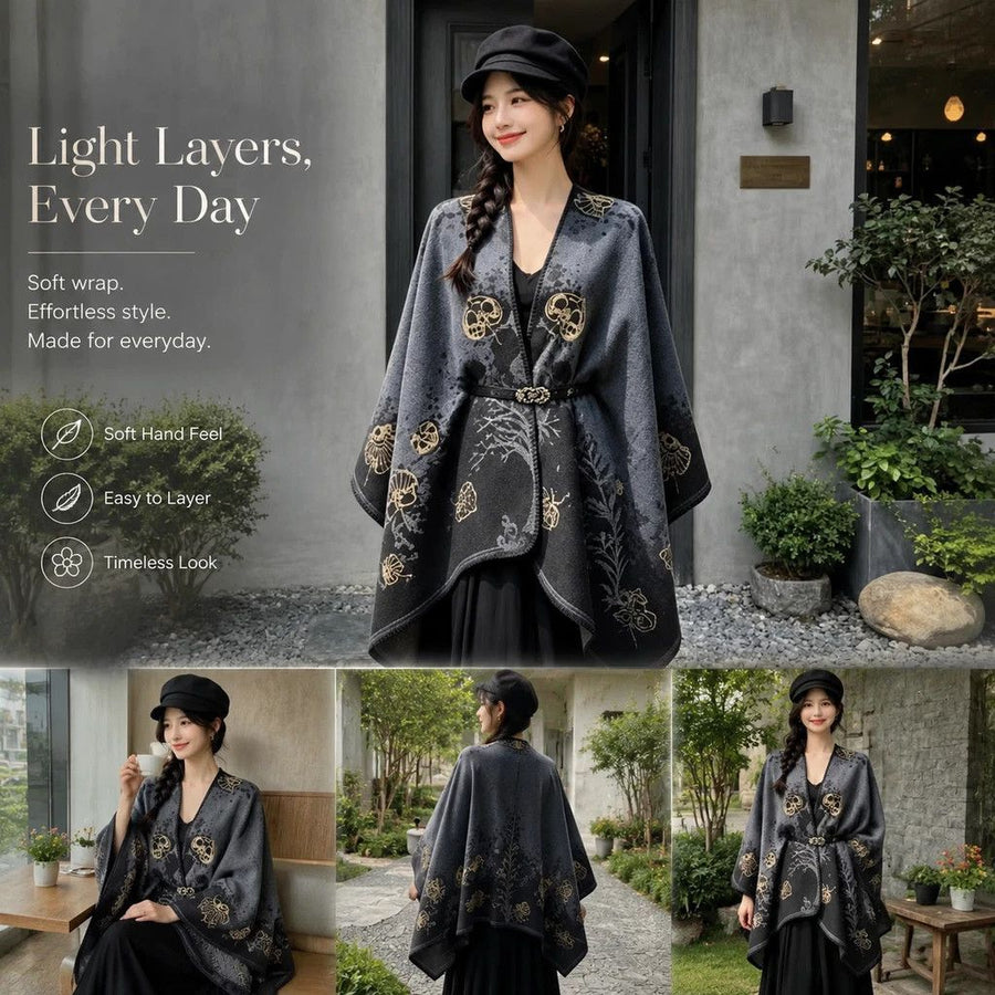 Elegant Light Knitted Shawl, Refined Delicate Leaf Texture Print, Navy