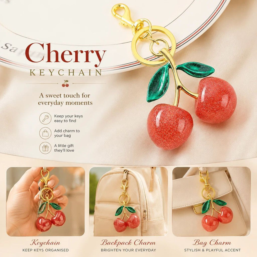 Gentle Pink Cherry Keyring paired with dual green leaves, full of youthful fresh vibes for casual daily matches
