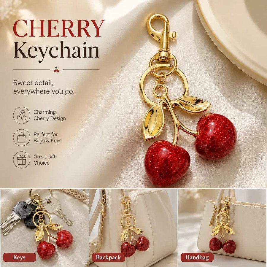 Elegant Red Cherry Bag Charm with double golden leaves, holding lovely little luck to accompany your trips out