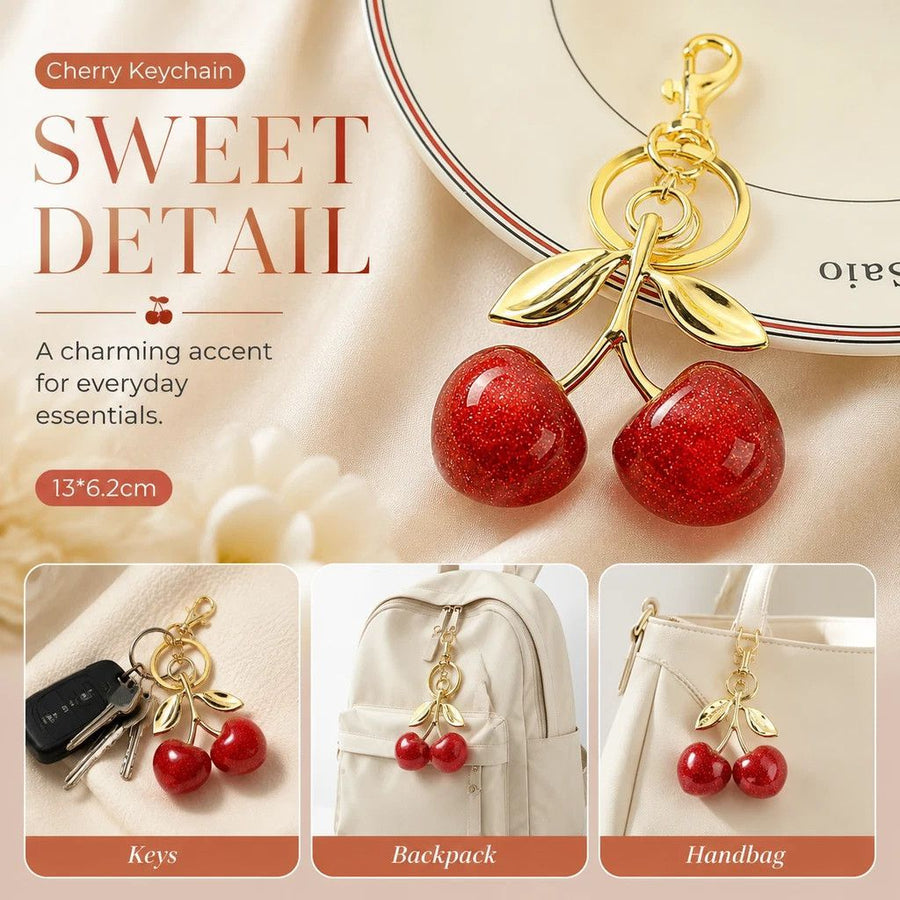 Delicate Pink Cherry Keychain with twin gold leaves, adding soft romantic glow to every bag you carry