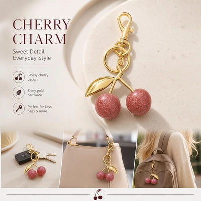 Sweet Pink Cherry Bag Charm with one golden leaf, keeping a light, joyful mood all day long
