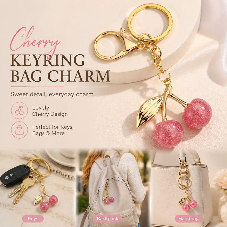 Tiny bubble pink cherry keyring decorated with golden leaves, creating light refreshing cheerful atmosphere all around