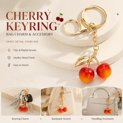 Mini refined pink cherry keychain with gold leaves, soft romantic touch elevates your daily matching style