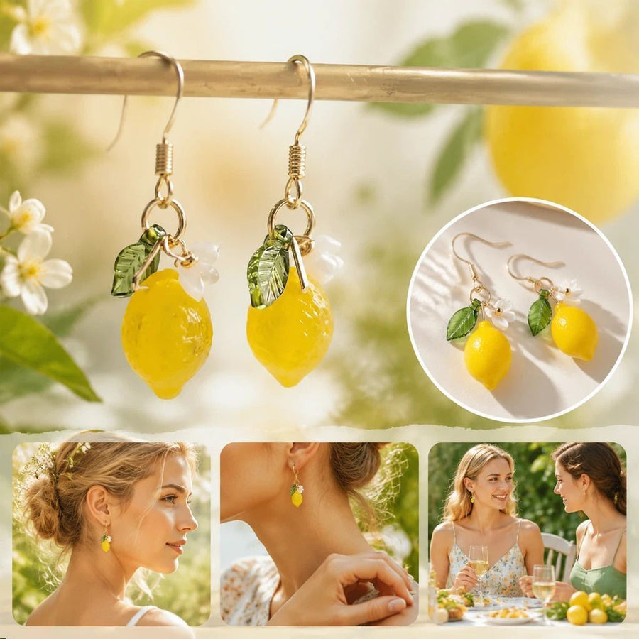 Creative Plant Hook Earrings, Transparent Lemon With Single Flower & Leaf, Sold As One Pair