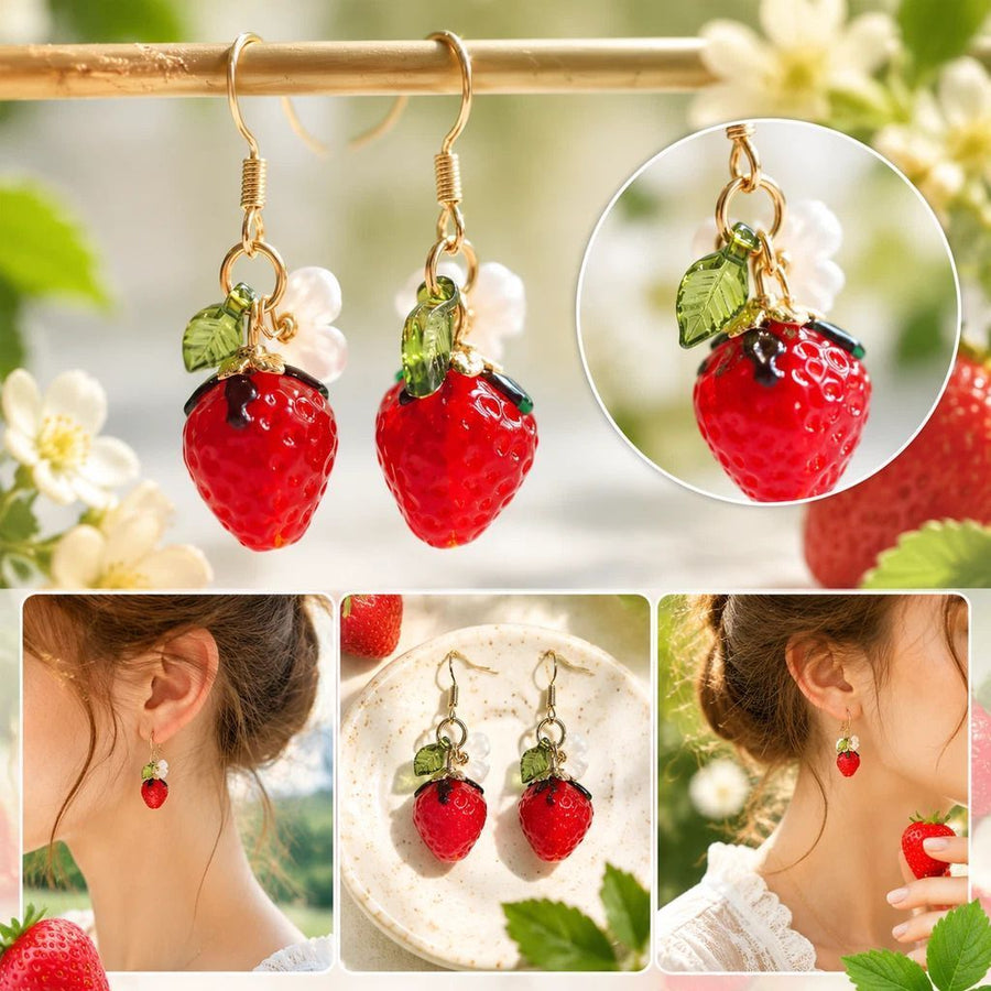 Sweet Botanical Drop Earrings, Clear Strawberry Decor With Single Bloom And Leaf, Pair Set