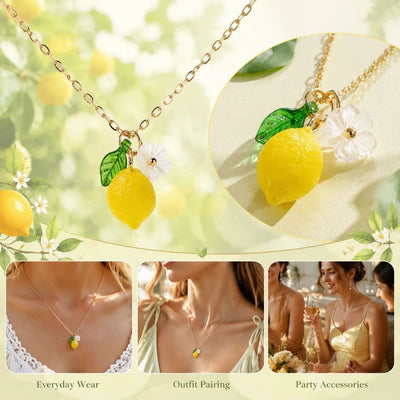 Refreshing Plant-themed Necklace, Transparent Lemon Matched With Single Flower And Leaf