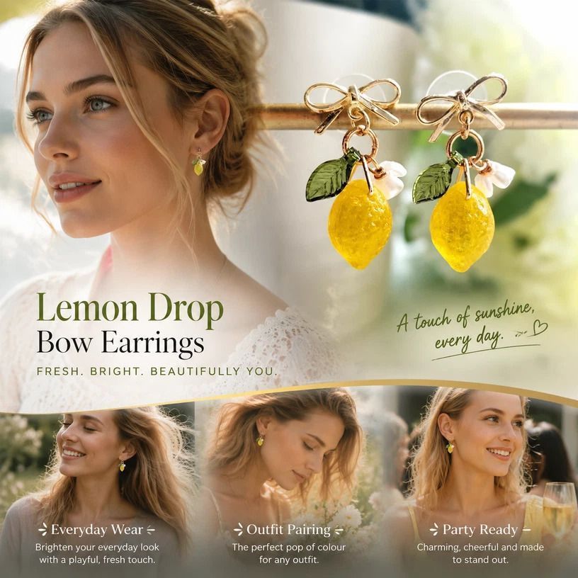 Sweet Floral Hook Earrings, Clear Lemon With Single Flower Leaf & Bowknot, Sold In Pairs