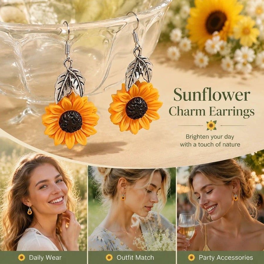Fresh Botanical Drop Earrings, Sunflower Accent With Silver Leaves, One Pair
