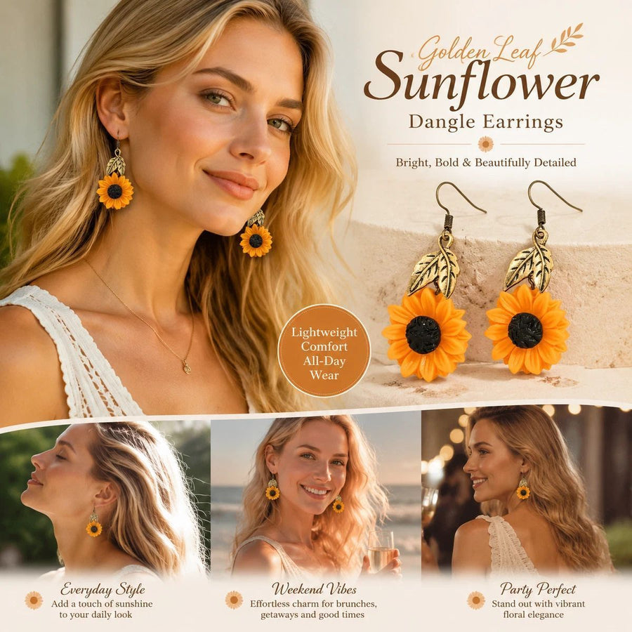 Delicate Fruit Dangle Earrings, Sunflower Design With Golden Leaves, Pair Pack