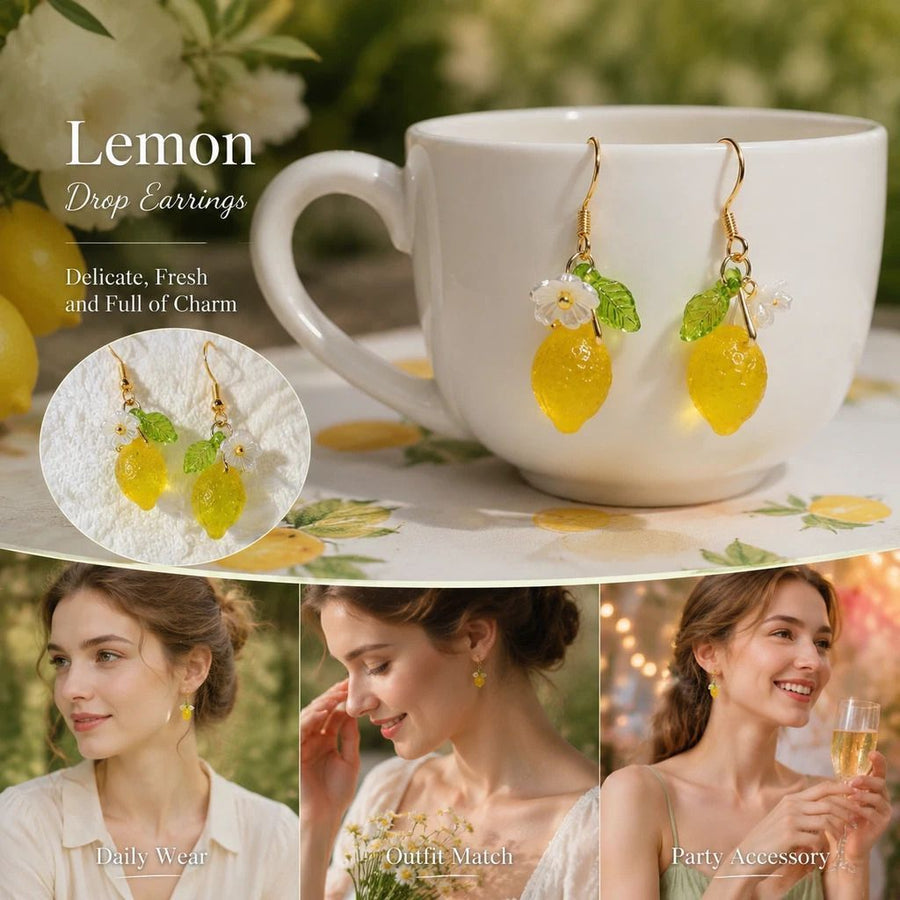 Lovely Plant Hook Earrings, 2 Clear Lemon Ornaments Single Flower Leaf, Complete Pair