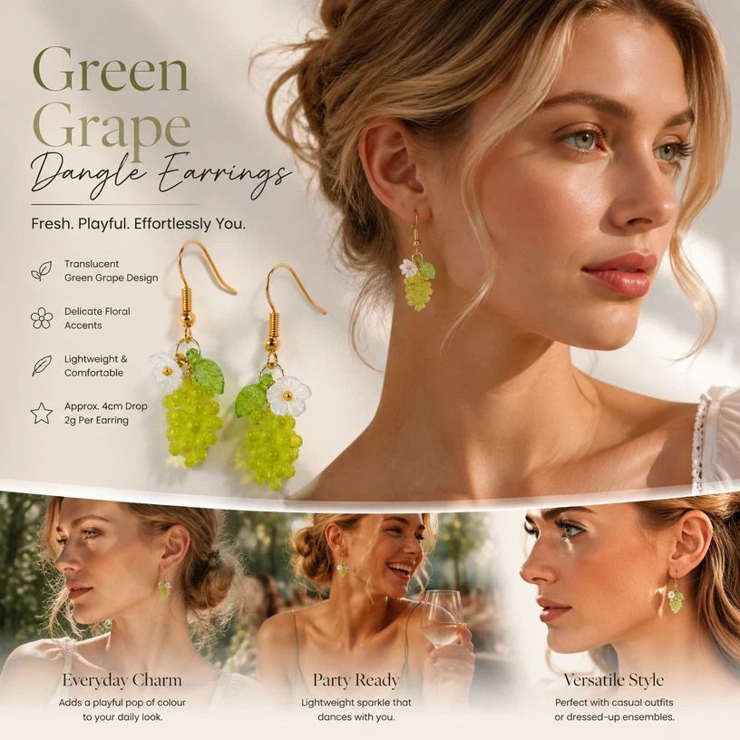 Soft Nature Drop Earrings, Transparent Green Grape Single Bloom And Leaf, One Pair