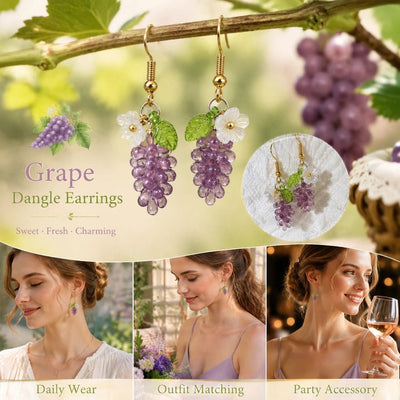 Gentle Fruit Hook Earrings, Clear Purple Grape With Single Flower Leaf, Sold As Pair