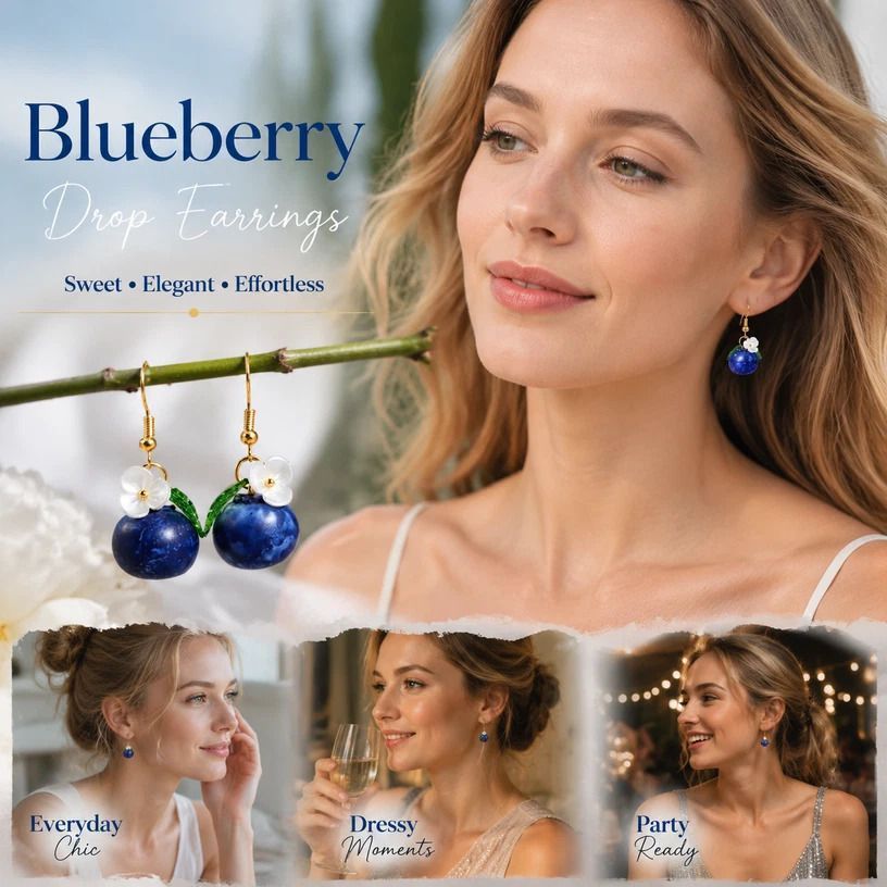 Dainty Botanical Dangle Earrings, Transparent Blueberry Single Flower Leaf, Pair Set